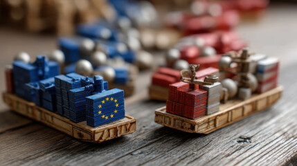 Fototapeta premium United States Trade, Miniature ships represent trade between United States and Europe showcasing vibrant colors and intricate