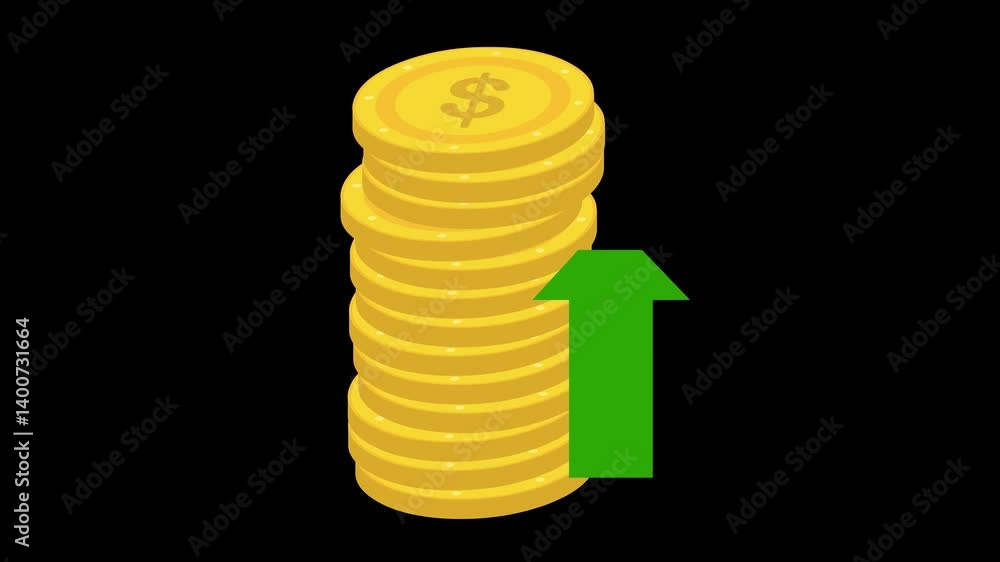 Poster video animation stack coins with arrow moving up in economic inflation concept, on a transparent bac