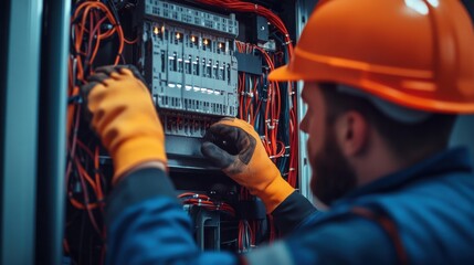 Electrician installing electrical panel in a commercial building. Featuring skill and precision
