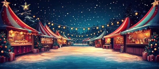 Obraz premium Winter Christmas Market Night Scene, Festive Stalls, Snowy Evening, Stock Photo