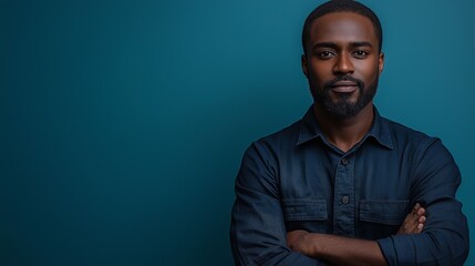 A professional mechanic in a blue jumpsuit posed on a blue backdrop
