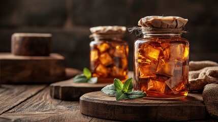 Iced beverage in glass jars on rustic wooden surface
