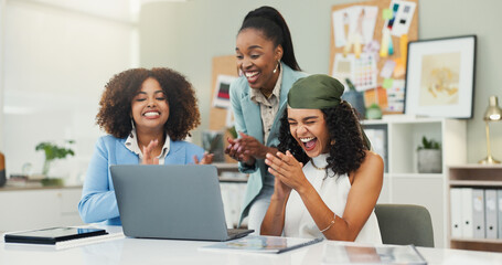 Business, celebration and women with applause by laptop for creative opportunity, design recognition and excited. Fashion designer, team and happy for industry award, achievement email and success