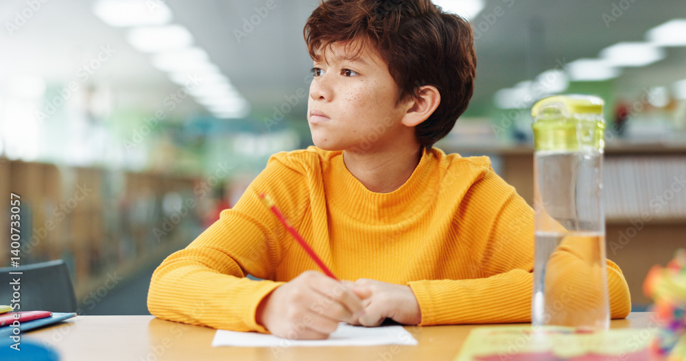Aufkleber Boy, child and paper with thinking at library for learning, study and development with problem solving. Kid, notes and solution with education, assessment or school project with scholarship in hall