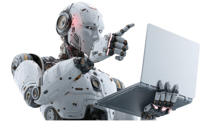 AI Robot assistant with laptop white background png transparent future staff concept using for decoration.