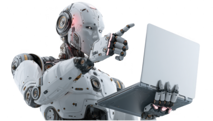 AI Robot assistant with laptop white background png transparent future staff concept using for decoration.