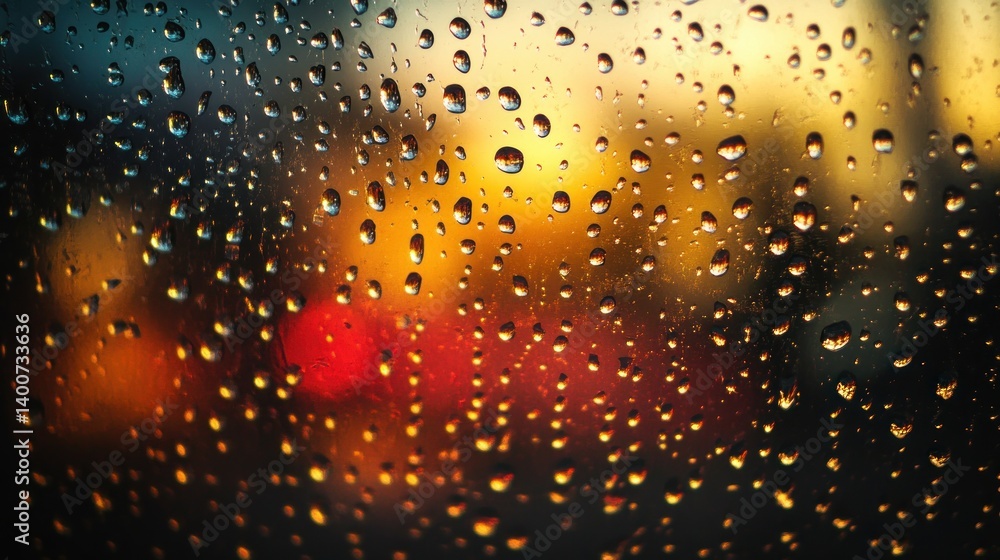 Poster abstract window view with raindrops reflecting warm city lights and blurred shapes creating an atmos