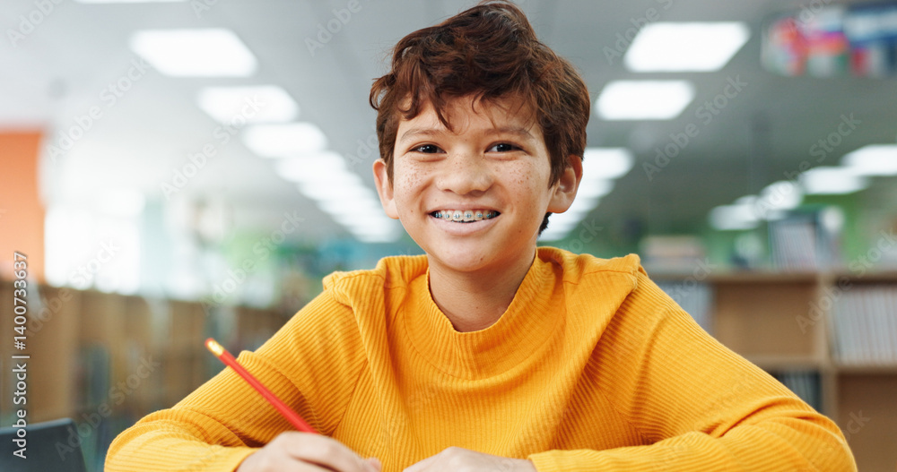 Aufkleber Boy, smile and child with learning at library with math, study or problem solving for development. Kid, happy and portrait with education, assessment or school project with scholarship in Mexico