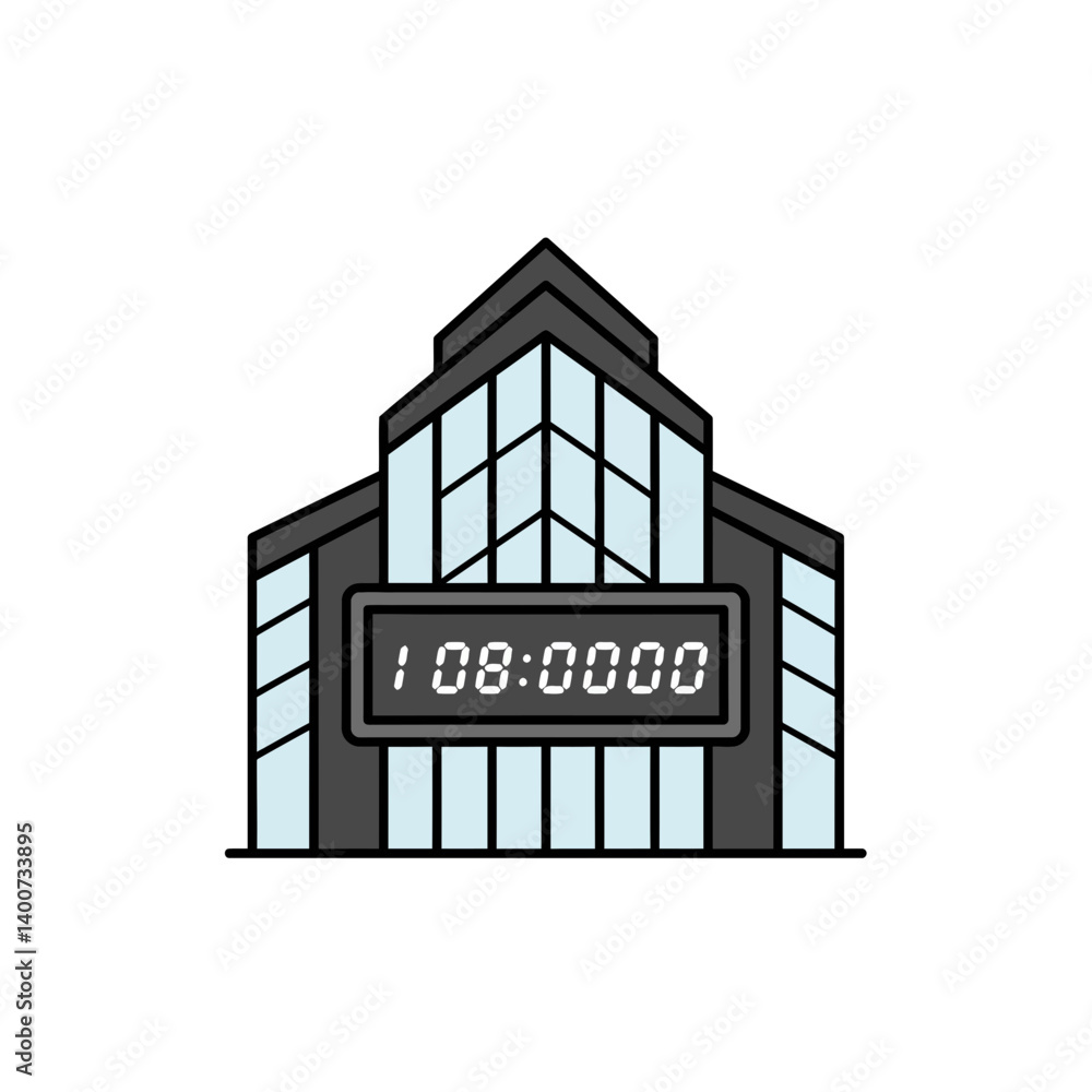 Poster modern building display: a clean, simple graphic of a modern building with a digital display, ideal 