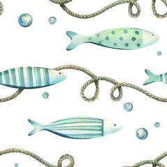 Cute decorative fish swim with bubbles and brown ropes twisted with loops. Watercolor hand-drawn illustration on the theme of sea and fishing. Seamless pattern on a white background. © NATASHA-CHU