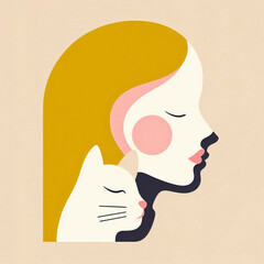Minimalist Girl and Cat Illustration – Abstract Modern Art Print in Pastel Colors | Peaceful Bond Aesthetic