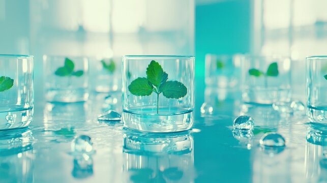 Growing Fresh Herbs in Clear Glass Containers Indoor Garden Photography Serene Environment Close-Up View Eco-Friendly Concept