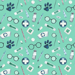 Veterinary medical instruments, medicines, blue cross. Watercolor illustration, hand drawn. Seamless pattern for wallpaper, packaging, fabric, clothes on a turquoise background.