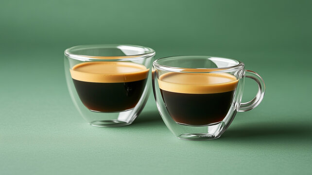 A double shot of rich espresso served in a classic Italian demitasse on a vibrant green background