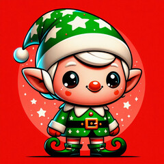 Cute Christmas Elf in Green Costume – Festive Holiday Cartoon Character