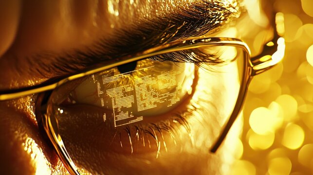 Innovative Technology Insights Close-Up Perspective on Digital Data Reflection in Eyewear Futuristic Environment Eye-Catching Concept