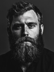 Bold black and white portrait features a man with a thick beard captured under studio lighting to emphasize facial details and expression