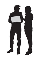 Business people, man and woman standing with laptop, talking to each other, discussing work problems. Flat vector silhouette illustration isolated on transparent background