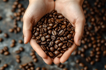 Person holding coffee beans, surrounded by sunlit greenery.