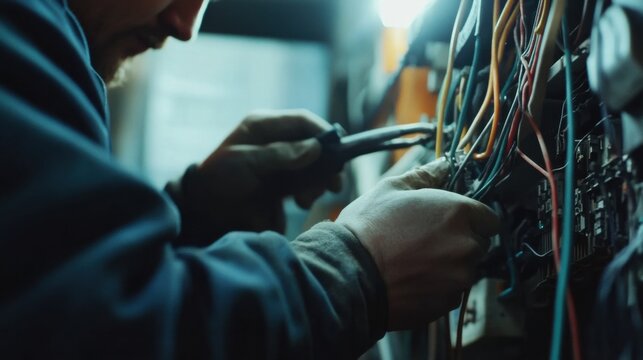 Electrician repairing electrical wiring in a commercial building. Featuring technical expertise and problem-solving