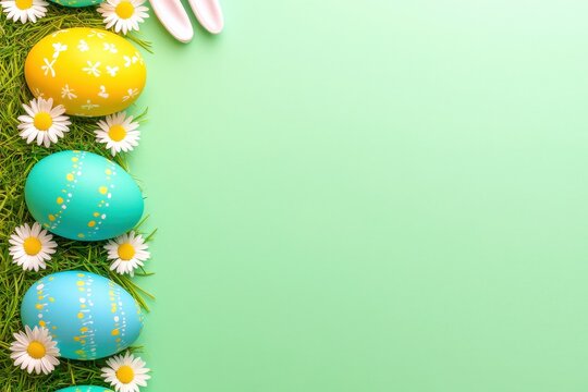 Easter Egg Decoration Colorful Eggs and Daisies Spring Celebration Bright Green Background Top View Festive Concept