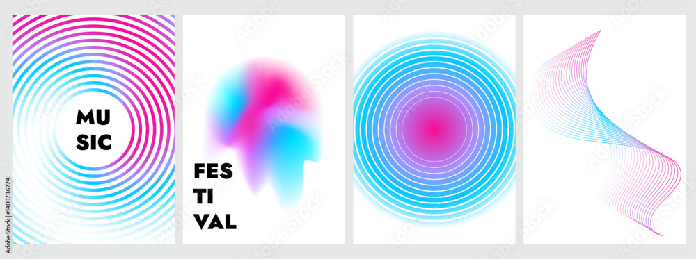 Poster music poster vector design set. abstract cover template with vibrant gradient geometric shape, circl