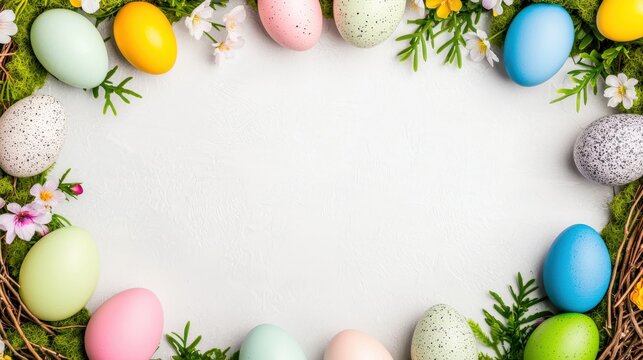 Colorful Easter Eggs Decorating a Natural Spring Environment Creative Flat Lay Photography Vibrant Colors Festive Atmosphere