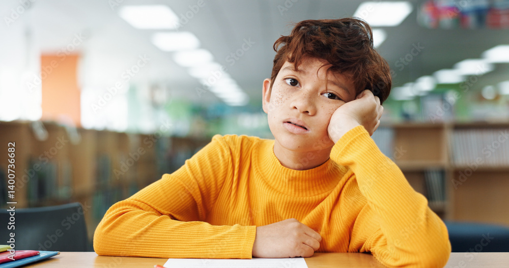 Fototapete Portrait, child and thinking student in library for planning, ideas and study for learning solution. Bored, boy and lazy kid with thoughts for education challenge, problem solving and exam reflection