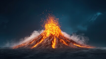 Fototapeta premium A majestic volcano erupts with molten lava and ash spewing into the dark sky, creating a dramatic and fiery landscape.
