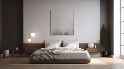 A modern bedroom with a large bed, two hanging lights, and a square picture above the bed frame design