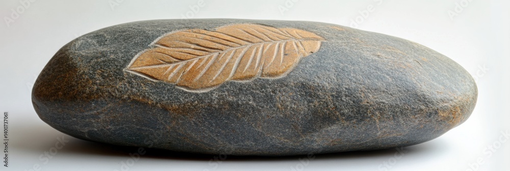 Poster large smooth stone with intricate leaf pattern carved on the surface in serene natural art setting
