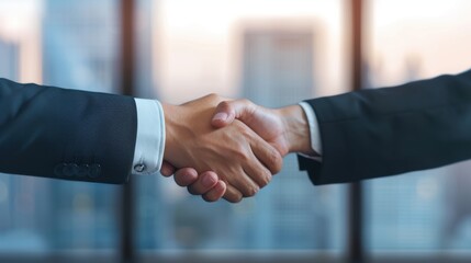 Two business professionals shake hands, symbolizing agreement and partnership against a modern office backdrop with blurred cityscape.