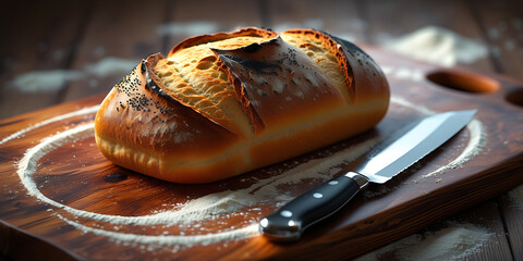 Freshly Baked Bread with Golden Crust on Wooden Cutting Board