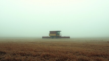 Foggy field with harvester