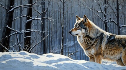 Fototapeta premium Lone gray wolf on snowy hill intense gaze windblown fur sharp features rugged peaks chilling winter backdrop