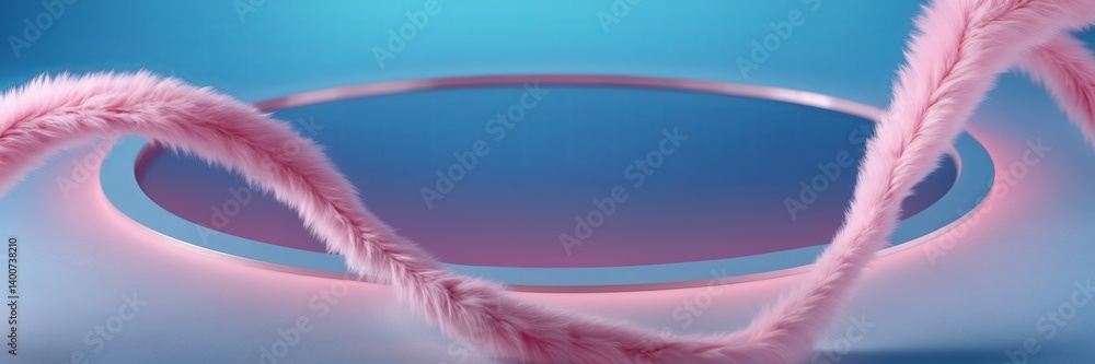 Poster soft pink fur element elegantly drapes over a reflective circular base against a gradient background