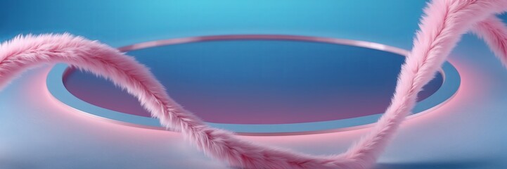 soft pink fur element elegantly drapes over a reflective circular base against a gradient background.