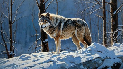 Obraz premium Lone gray wolf on snowy hill intense gaze windblown fur sharp features rugged peaks chilling winter backdrop