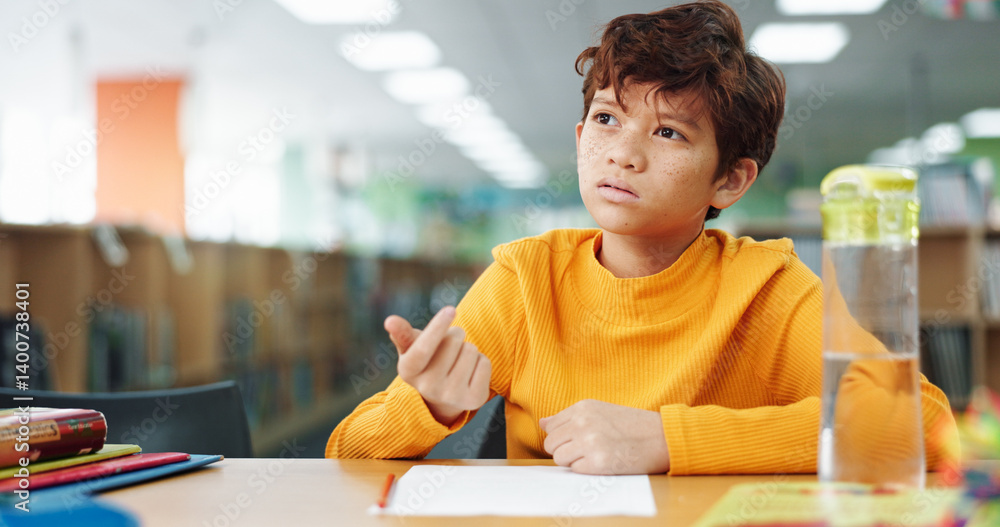 Aufkleber Boy, education and thinking with counting at library with paper, study or problem solving for development. Kid, notes and solution with learning, assessment or school project with scholarship in hall