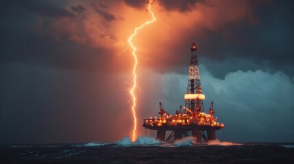 Obraz premium A dramatic scene of an offshore oil rig illuminated by a lightning strike, surrounded by stormy seas and dark clouds.