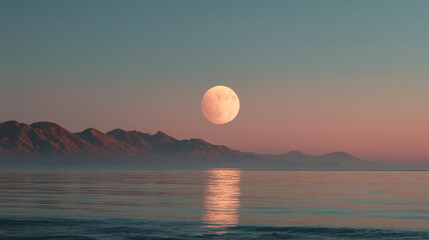 Beautiful full moon over ocean at sunset landscape photography scenic nature wallpaper background image