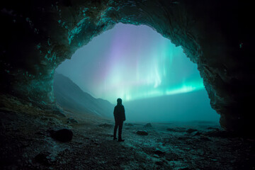 Fototapeta premium Traveler Awed by Majestic Polar Lights in Iceland