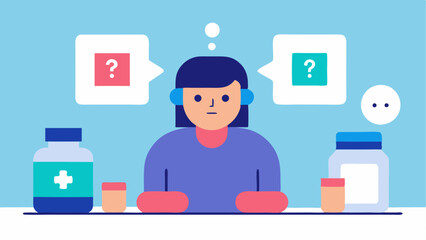 Medication Inquiry A patient sitting at a kitchen table and asking a chatbot about medication interactions with visual cues like pill bottles and question marks around the chatbot.