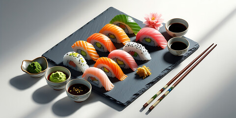 Colorful Sushi Rolls on Black Slate with Wasabi and Soy Sauce