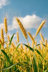 Obraz premium there is a field of wheat with a blue sky in the background