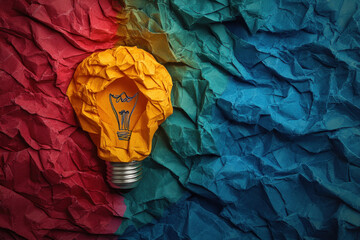 Crumpled paper sits atop a glowing light bulb, symbolizing creative ideas and innovation.
