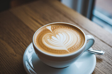 A cup of coffee with a heart design on top sits on a wooden table