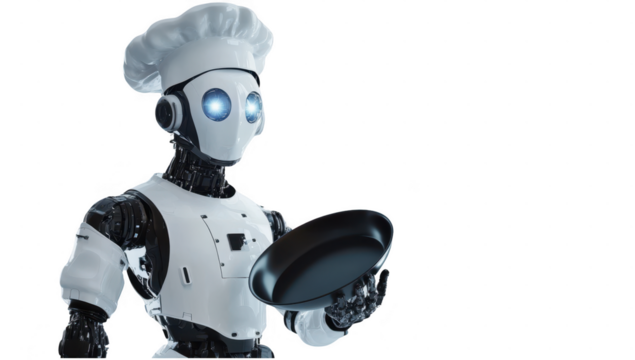 Chef in robot assistant die cut transparent mock up in 
future labor concept decoration.