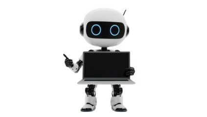 Mini AI robot hold the notebook transparent in png no background for decoration.