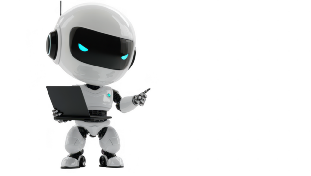Mini ai robot png hold the laptop in 3d without background for decoration.